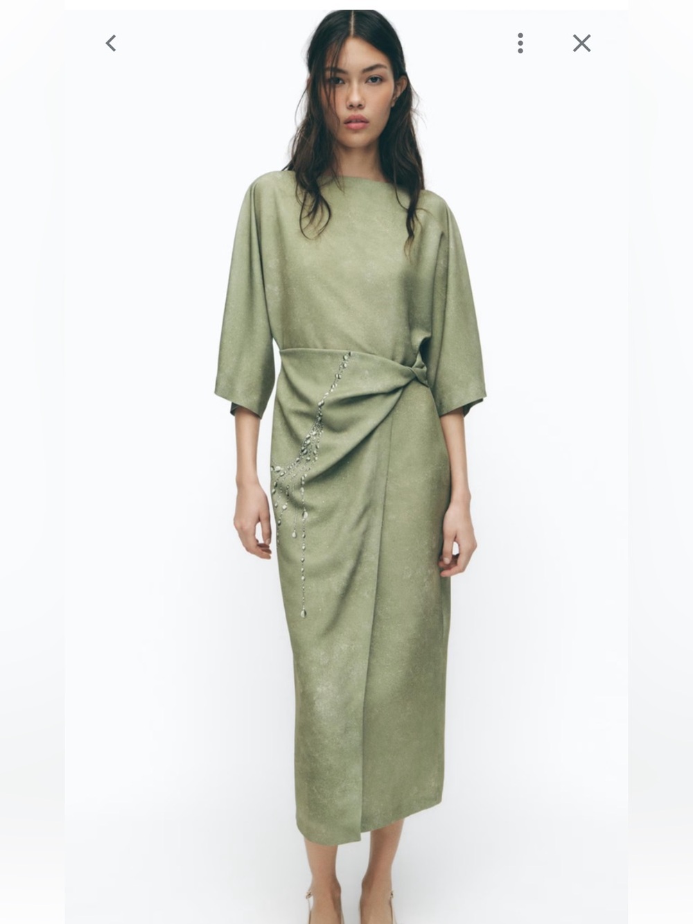 Zara Olive Green Draped Midi Dress with Bead Detail